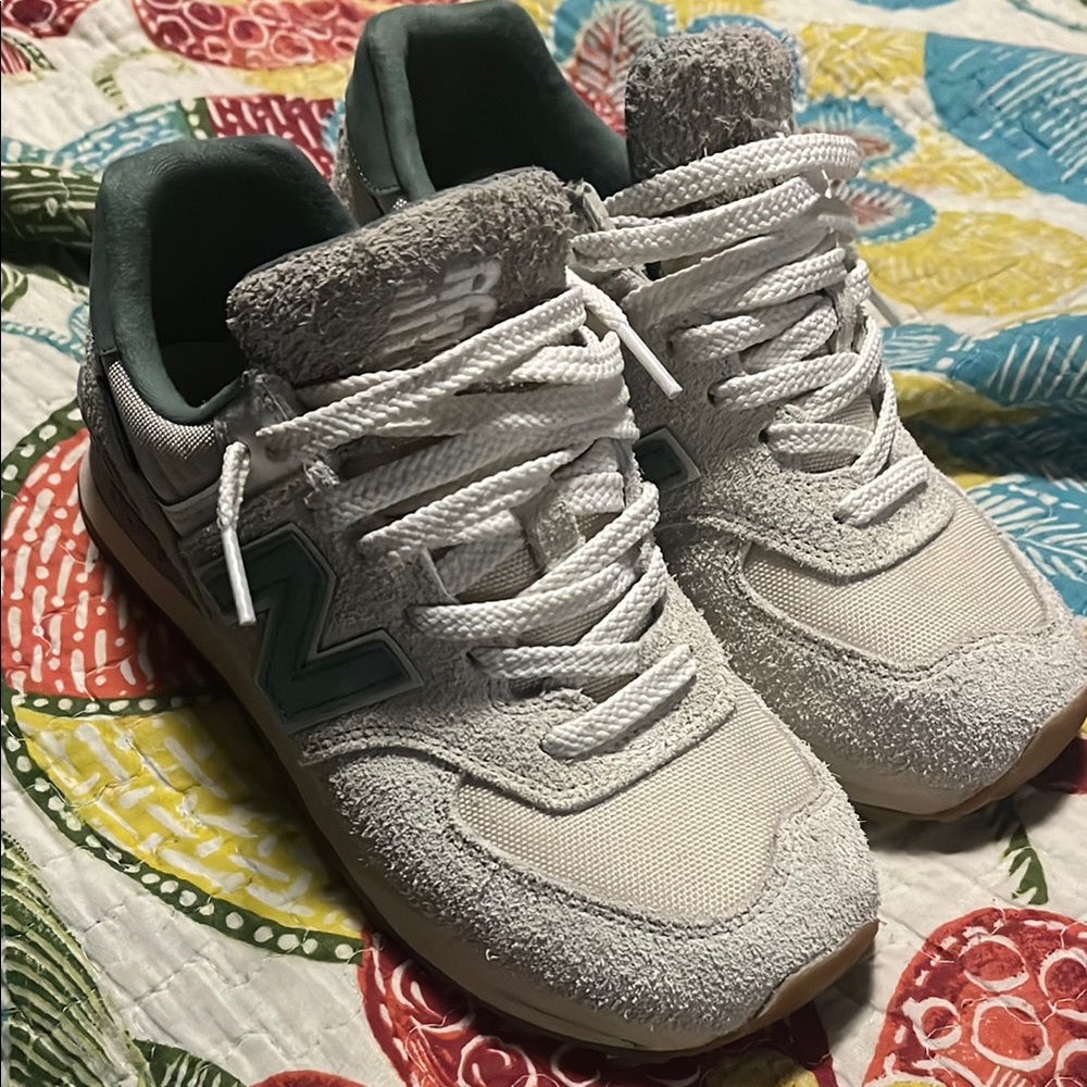 White and Gray Sneakers with Green Accents -New Balance